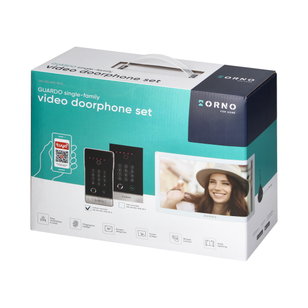 GUARDO single family video doorphone set, 4-wires, touchscreen LCD 10" monitor, fingerprint reader, proximity reader and code lock, App-controlled, surface mounted, white